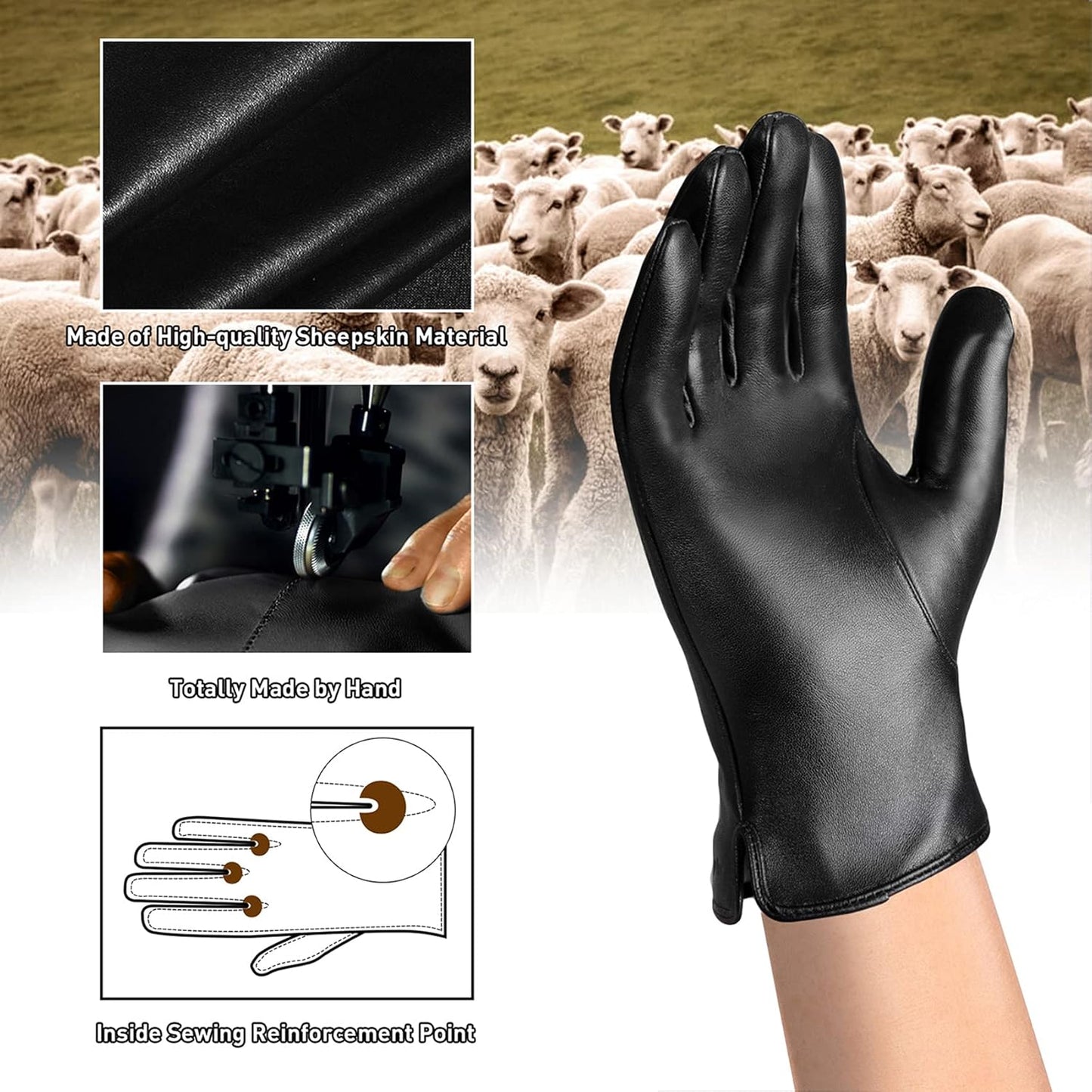 Leather Gloves for Men,Winter Sheepskin Leather Driving Gloves,Touchscreen Fleece Lined Warm Gloves Gift