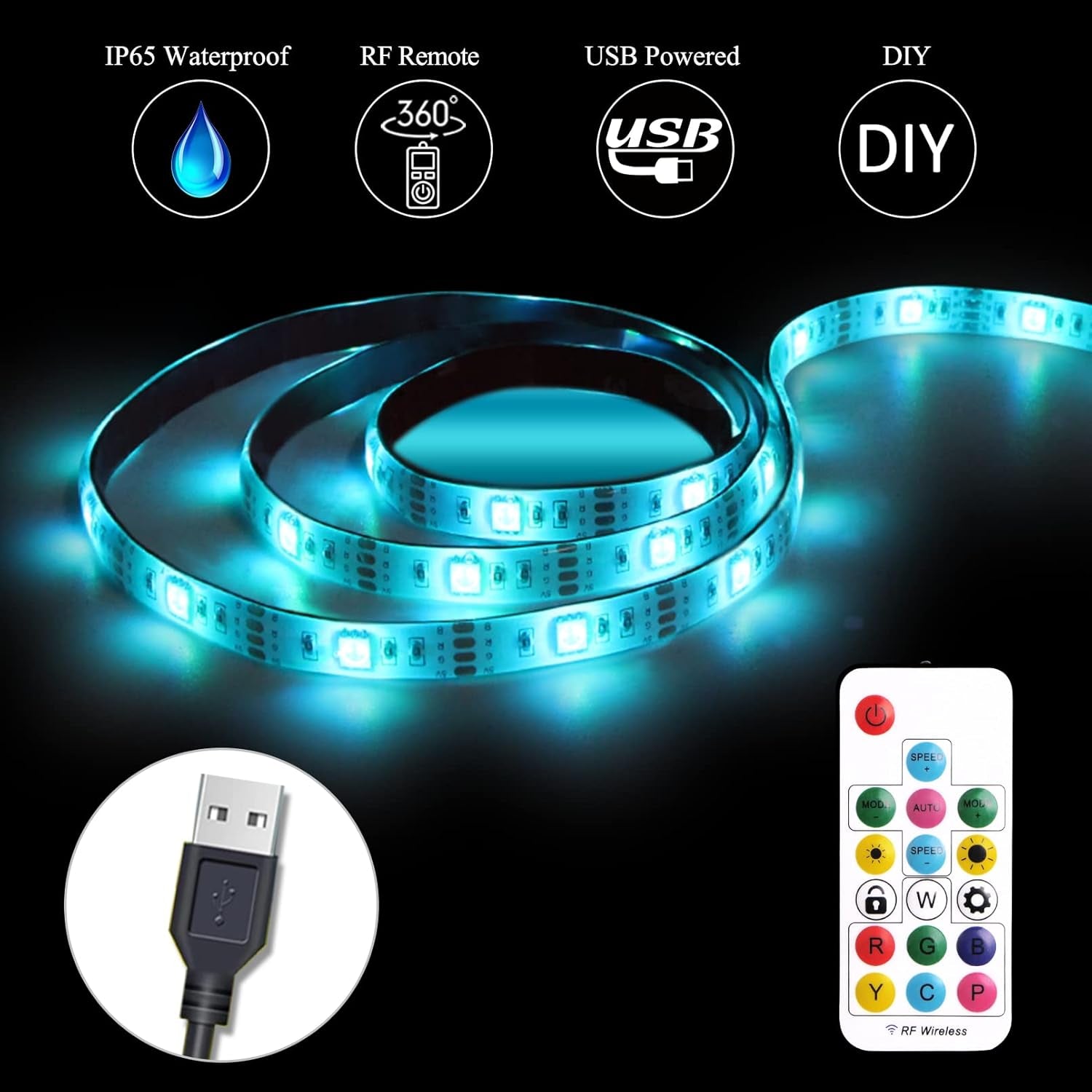 USB Powered LED Strip Light TV Backlight 9.8FT/3M RGB Led Lights Waterproof USB Lights Strip with RF Remote TV/PC Background Bias Lighting Cuttable Strip Lights for Indoor DIY Decoration