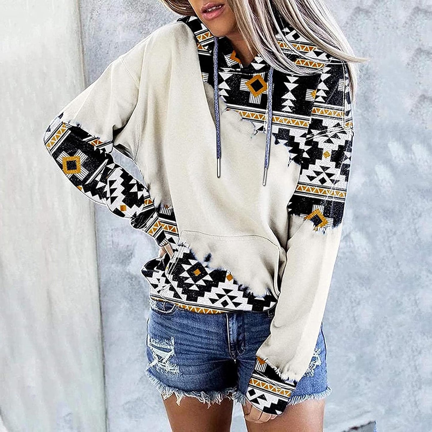 Sweatshirts for Women Hoodie Pullover Lightweight Geometric Print Hoodies Casual Long Sleeve Drawstring Tops