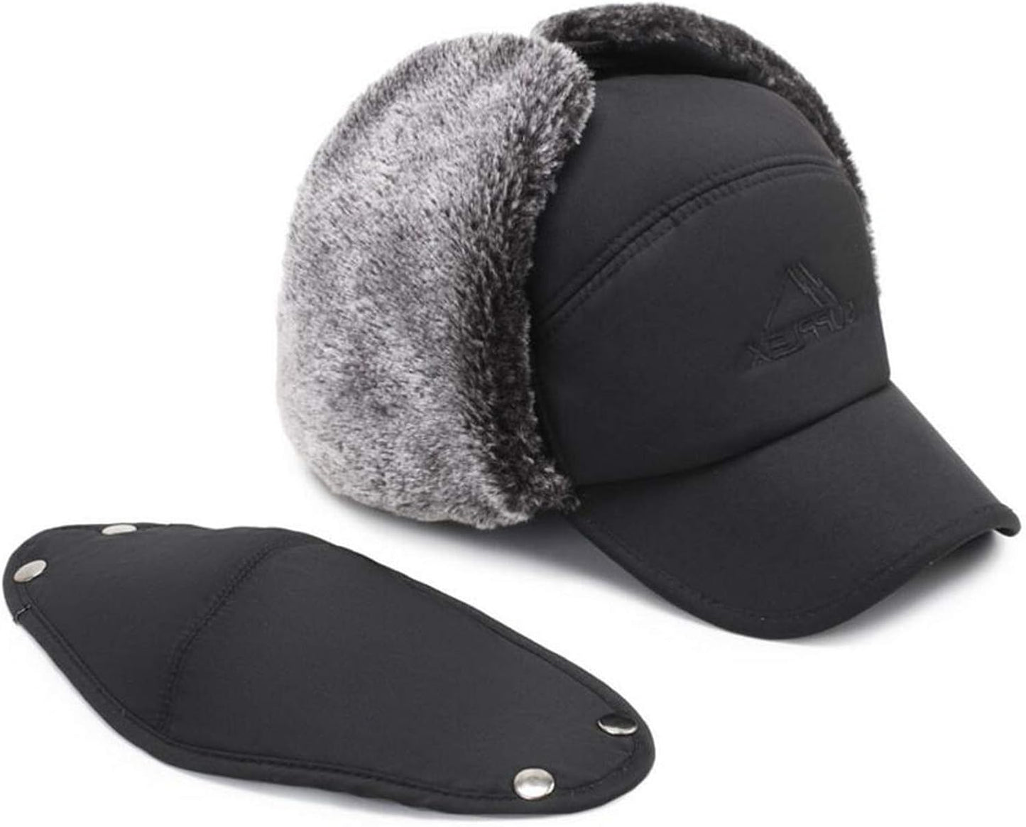 Mens Winter Hats Ear Flaps Bomber Hats with Brim and Face Mask Warm Hat for Men Waterproof Ski Cap