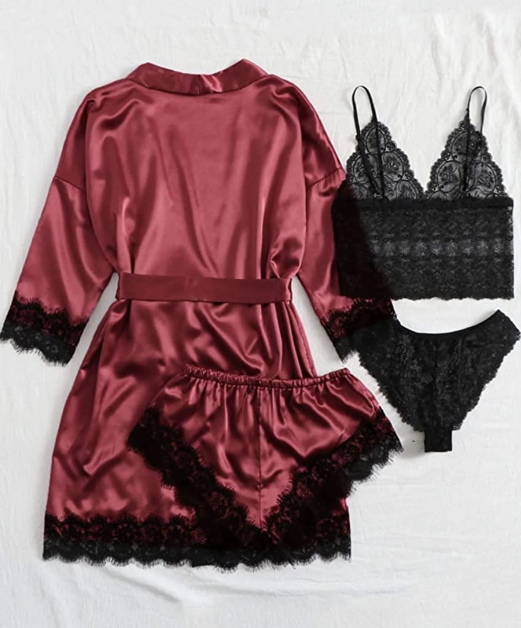 Sexy Lingerie,  Silk Satin Pajamas for Women, Womens Summer Pajamas Pjs Sets of 4 Pcs with Floral Lace Top Shorts and Robe, Gift for Women, Burgundy, XXL