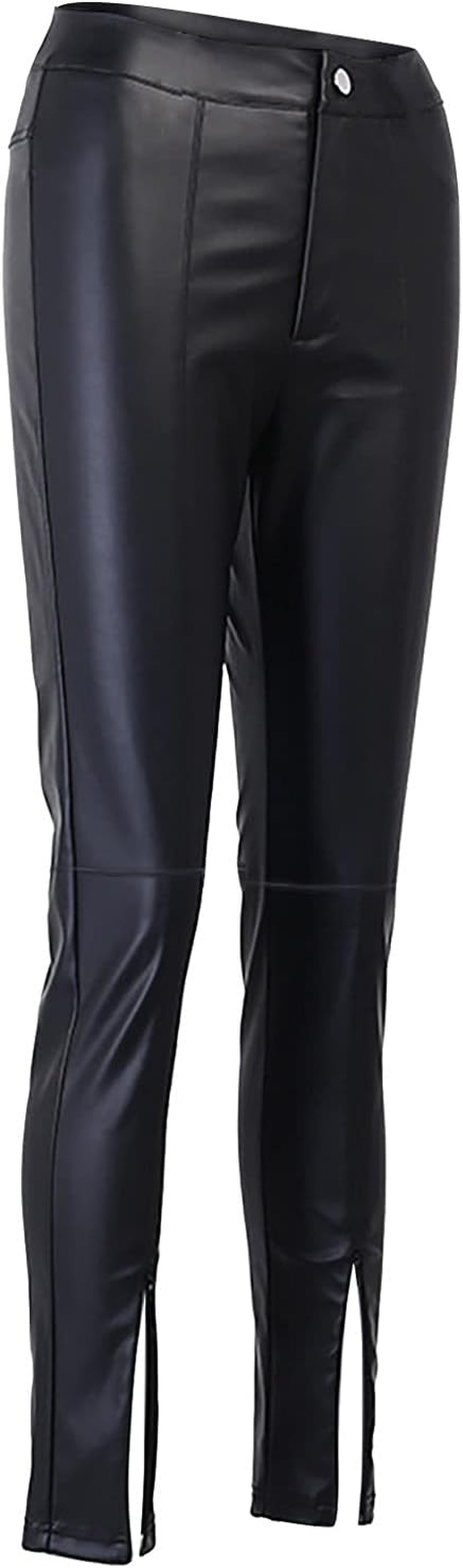 Women Faux Leather Pants High Waist Solid Black Straight Leg Leggings Elastic Vintage Trousers