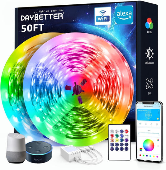 50 Ft Smart Wifi Led Lights, Led Strip Lights Work with Alexa and Google Assistant, App Voice Remote Control Music Sync Color Changing RGB Strip Lighting for Bedroom Room Decor