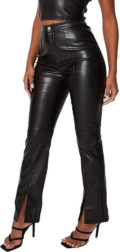 Women Faux Leather Pants High Waist Solid Black Straight Leg Leggings Elastic Vintage Trousers