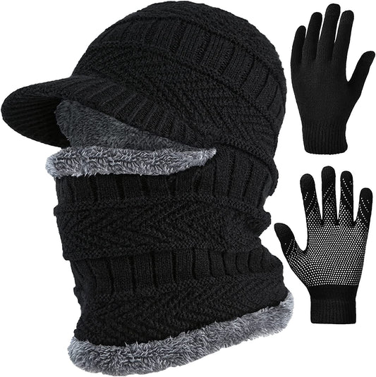 2Pcs Winter Knit Beanie Balaclava Hat Anti-Slip Touch Screen Mittens Set Thermal Ski Mask Cap Unisex for Womens Mens