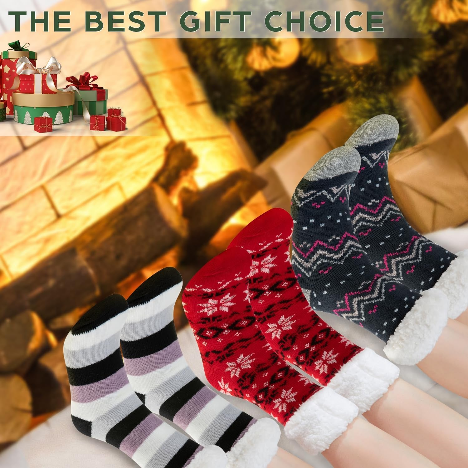 Sock Slippers for Women - 2 Pack Non Slip Socks - Fuzzy Socks Warm Socks with Grippers Sherpa Fleece Lined Thermal