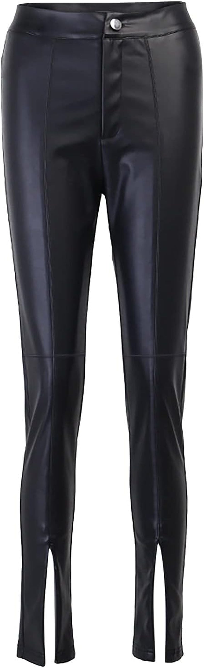 Women Faux Leather Pants High Waist Solid Black Straight Leg Leggings Elastic Vintage Trousers