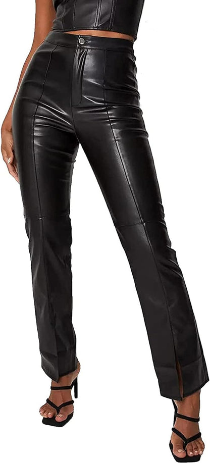 Women Faux Leather Pants High Waist Solid Black Straight Leg Leggings Elastic Vintage Trousers