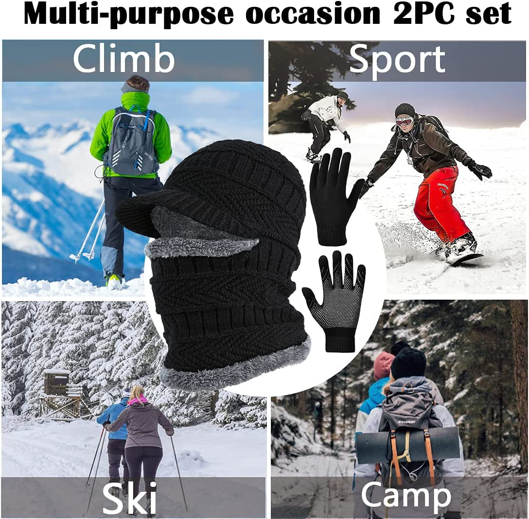 2Pcs Winter Knit Beanie Balaclava Hat Anti-Slip Touch Screen Mittens Set Thermal Ski Mask Cap Unisex for Womens Mens